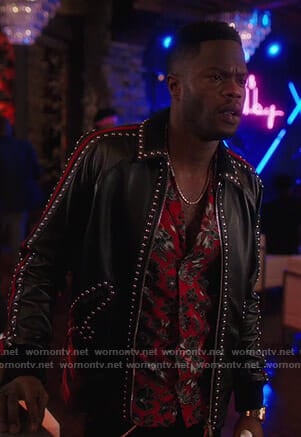 Jeff's red floral shirt and studded leather jacket on Dynasty