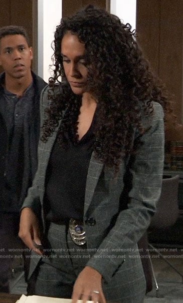 Jordan’s grey plaid blazer with black panels on General Hospital