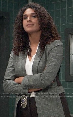 Jordan’s grey plaid blazer with black panels on General Hospital