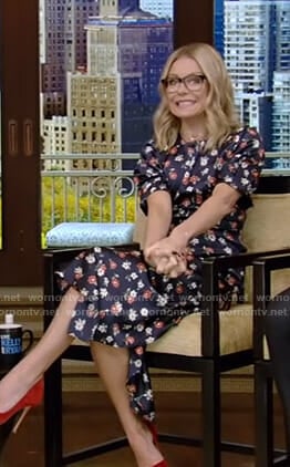 Kelly’s black floral midi dress on Live with Kelly and Ryan