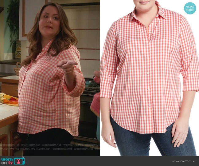 3/4-Sleeve Button-Front Gingham Top by Lafayette 148 New York worn by Katie Otto (Katy Mixon) on American Housewife