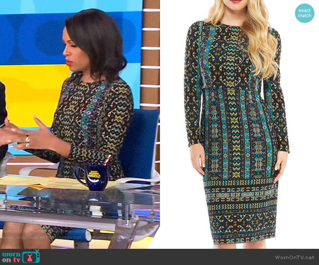 Long-Sleeve Global-Tile Sheath Dress by Maggy London worn by Adrienne Bankert on Good Morning America