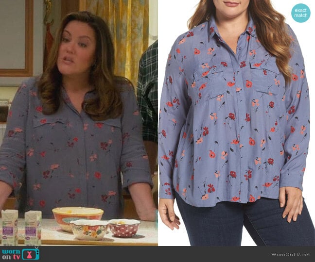 Floral Button Down Blouse by Lucky Brand worn by Katie Otto (Katy Mixon) on American Housewife