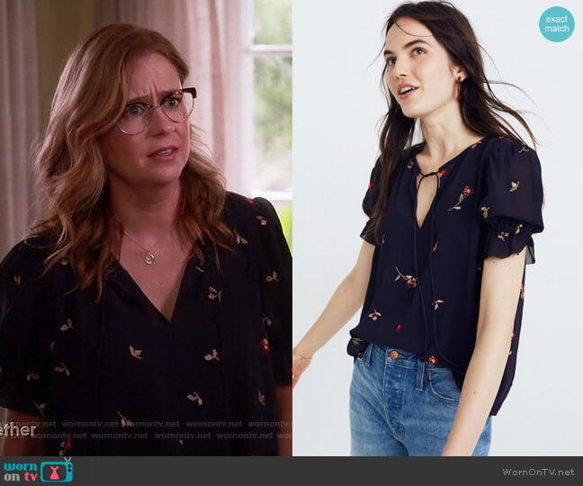 Embroidered Zephyr Ruffle-Sleeve Top in Sweet Blossoms by Madewell worn by Lena (Jenna Fischer) on Splitting Up Together