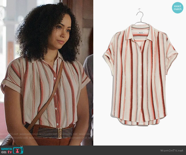 Madewell Central Shirt in Albee Stripe worn by Macy Vaughn (Madeleine Mantock) on Charmed