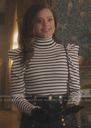 Maggie's striped puff shoulder sweater and leather skirt on Charmed