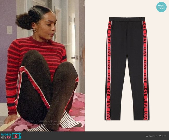 Maje Poly Satin Trousers with Bands worn by Zoey Johnson (Yara Shahidi) on Black-ish