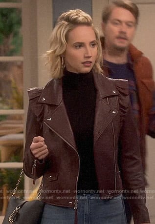 Mandy's burgundy ruffled leather jacket on Last Man Standing