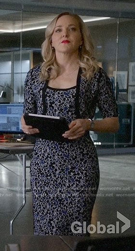 Marissa’s blue floral dress and shrug on Bull