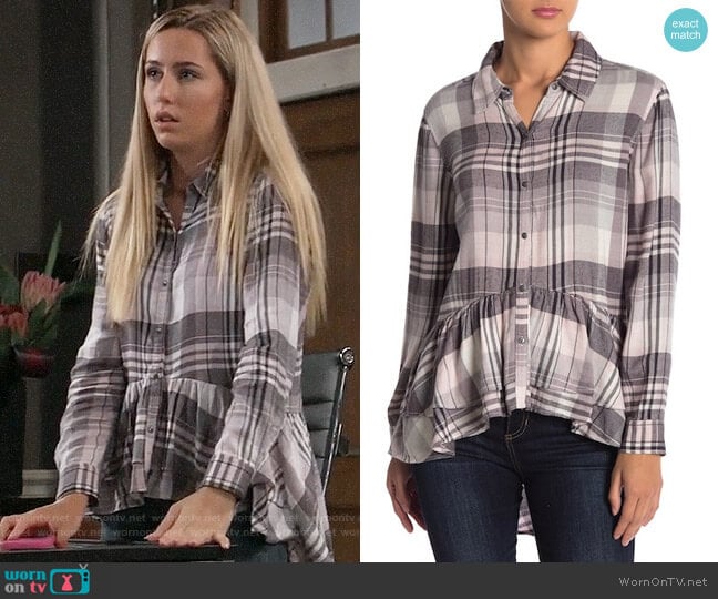 Melrose and Market Plaid Print Hi-Lo Ruffle Hem Tunic worn by Josslyn Jacks (Eden McCoy) on General Hospital