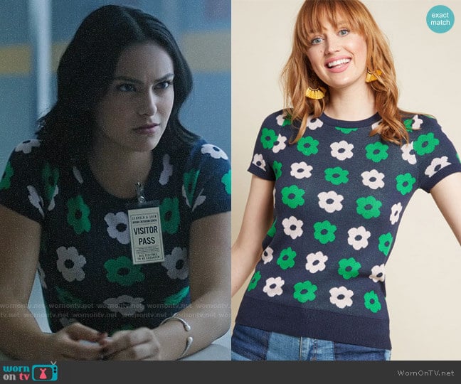 ModCloth What I Call Fun Intarsia Sweater in Navy Retro Bloom worn by Veronica Lodge (Camila Mendes) on Riverdale