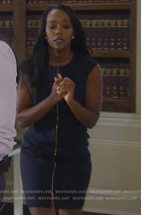 Michaela's navy sleeveless zip-front dress on How to Get Away with Murder