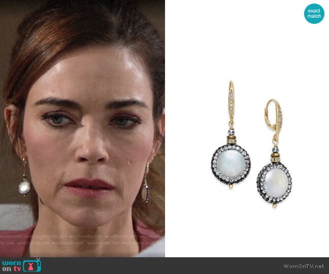 Paul & Pitü Naturally Two-Tone Freshwater Pearl & Crystal Pavé Drop Earrings  worn by Victoria Newman (Amelia Heinle) on The Young and the Restless