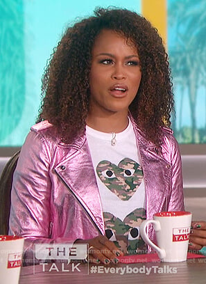 Eve's pink metallic jacket and heart print tee on The Talk