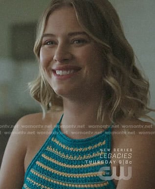 Polly's blue striped halter neck top on Riverdale