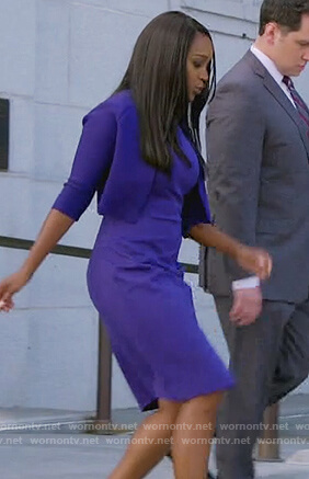 Michaela's purple sheath dress and cropped cardigan on How to Get Away with Murder