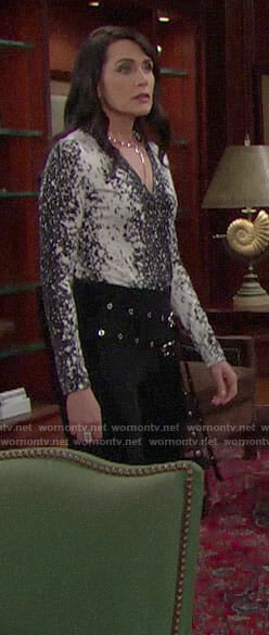 Quinn’s black and white printed top and double belt pants on The Bold and the Beautiful