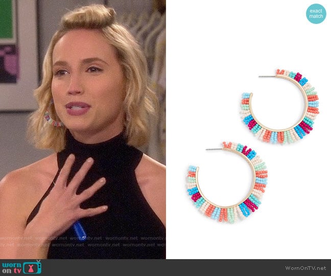 Rebecca Minkoff Beaded Spikey Fringe Hoop Earrings worn by Mandy Baxter (Molly McCook) on Last Man Standing