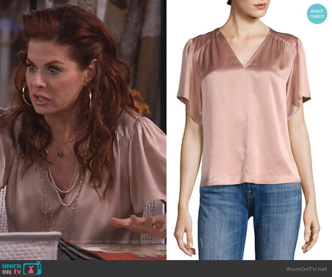 Flutter-Sleeve Charmeuse Blouse by Rebecca Taylor worn by Grace Adler (Debra Messing) on Will and Grace