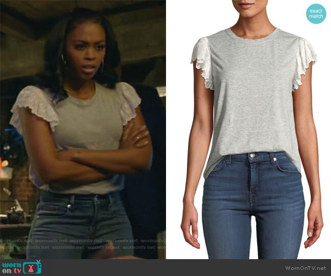 Samira Lace Flutter-Sleeve Crewneck Tee by Rebecca Taylor worn by Anissa Pierce (Nafessa Williams) on Black Lightning