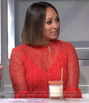 Tamera’s red lace bell cuff blouse on The Real