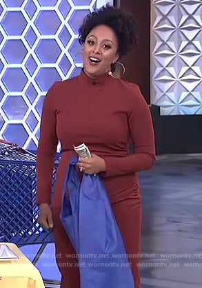 Tamera’s red mock neck long-sleeve dress on The Real