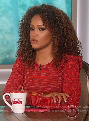 Eve’s red ruffle shoulder top on The Talk