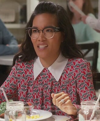 Doris’s red zebra print blouse with contrast collar on American Housewife