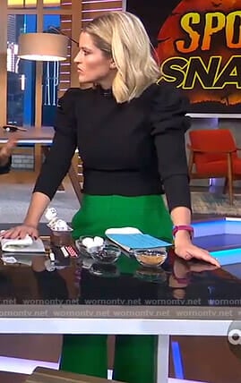 Sara’s black puff sleeve top and green pants on GMA Day