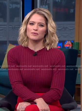 Sara’s red ribbed scalloped sweater on GMA Day