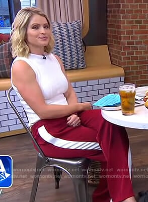 Sara’s white sleeveless knit top and red jersey pants on GMA Day