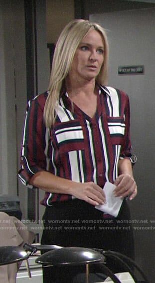 Sharon's burgundy striped shirt on The Young and the Restless