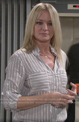 Sharon's striped button down shirt on The Young and the Restless