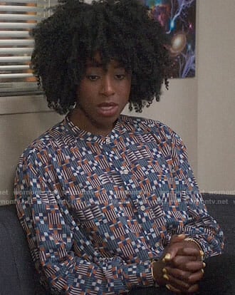 Simone’s geometric print blouse on The Good Place