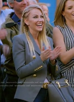 Stephanie’s grey blazer with gold buttons on The Real Housewives of Dallas