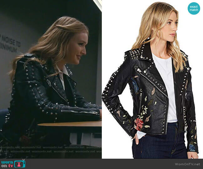 Blank NYC Studded Floral Embroidered Moto Jacket in Budding Romance worn by Kirby Anders (Maddison Brown) on Dynasty