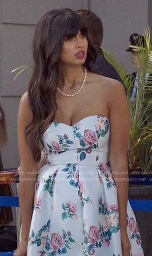 Tahani's strapless rose print dress on The Good Place
