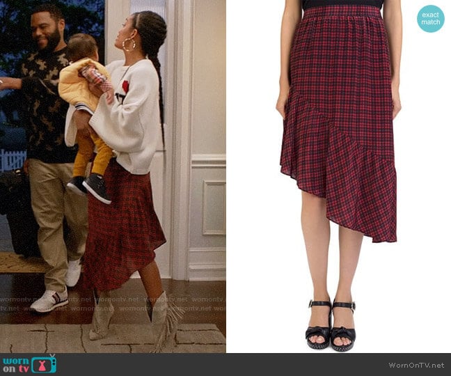 The Kooples Silk Plaid Asymmetrical Skirt worn by Zoey Johnson (Yara Shahidi) on Black-ish