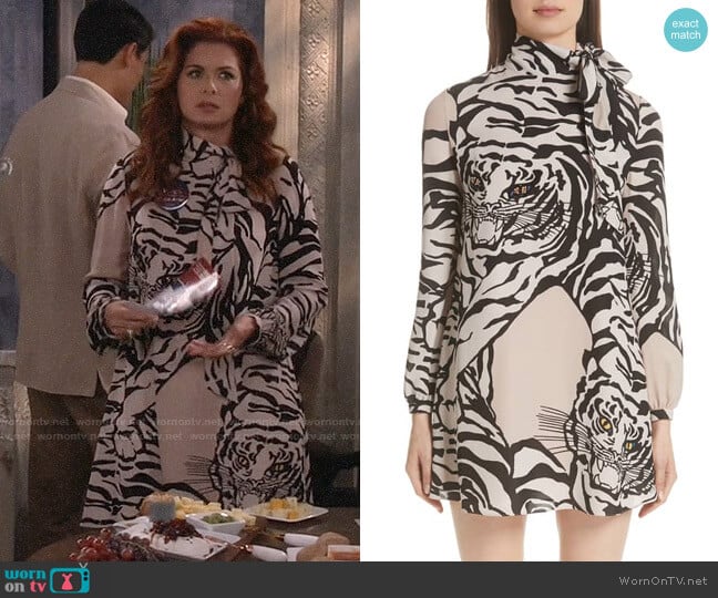 Valentino Leopard Print Silk Shift Dress worn by Grace Adler (Debra Messing) on Will and Grace