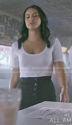 Veronica's white top and black button-front skirt on Riverdale