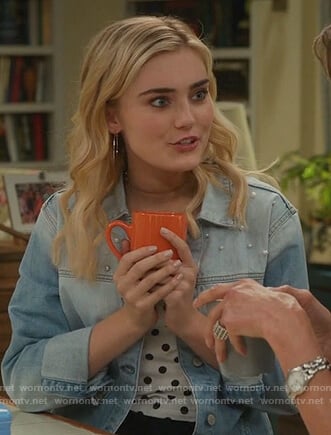 Taylor’s pearl embellished denim jacket on American Housewife