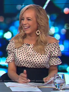 Carrie’s white off shoulder polka dot top on The Project