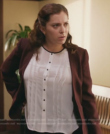 Rebecca's white pleated contrast top on Crazy Ex Girlfriend