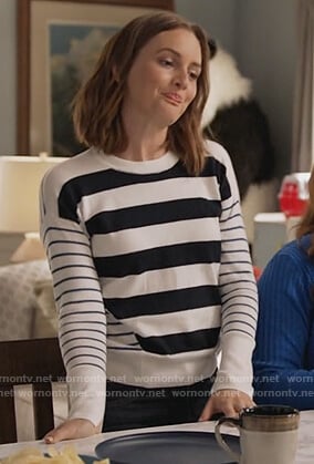 Angie’s white mixed stripe sweater on Single Parents