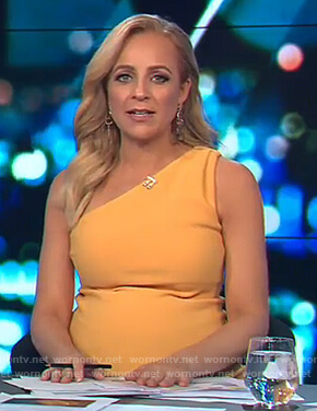 Carrie's yellow one shoulder dress on The Project