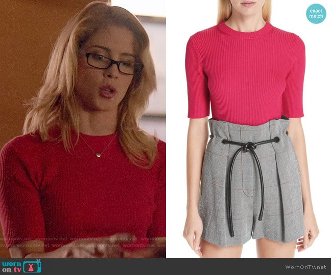 3.1 Phillip Lim Ribbed Short Sleeve Sweater worn by Felicity Smoak (Emily Bett Rickards) on Arrow