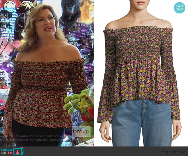 Agra Off-the-Shoulder Floral-Print Silk Top by ALC worn by Emily Simpson  on The Real Housewives of Orange County