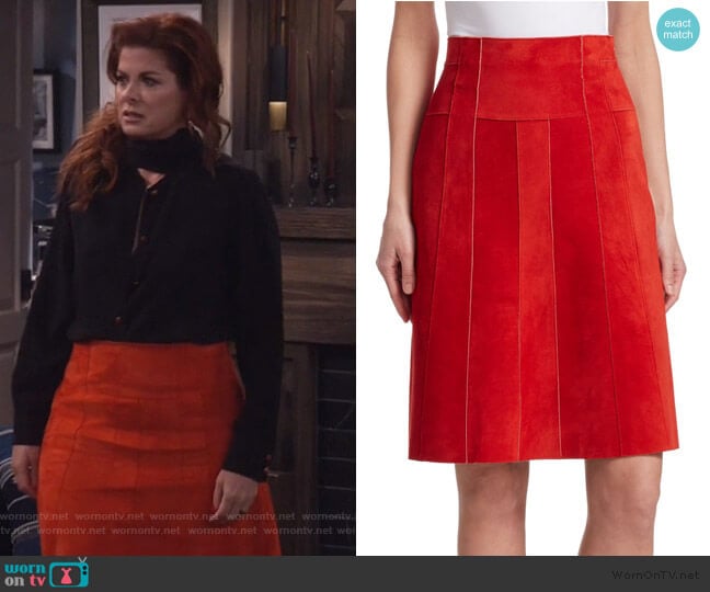 Paneled Suede A-Line Skirt by Akris Punto worn by Grace Adler (Debra Messing) on Will and Grace