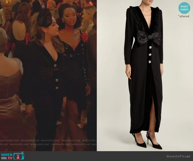 Bow-Trimmed V-Neck Crepe Dress by Alessandra Rich worn by Fallon Carrington (Elizabeth Gillies) on Dynasty