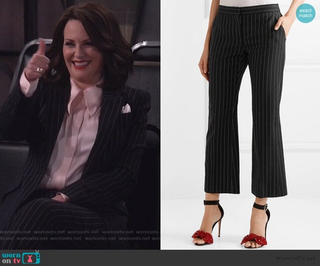 Cropped pinstriped wool-blend flared pants by Alexander McQueen worn by Karen Walker (Megan Mullally) on Will and Grace